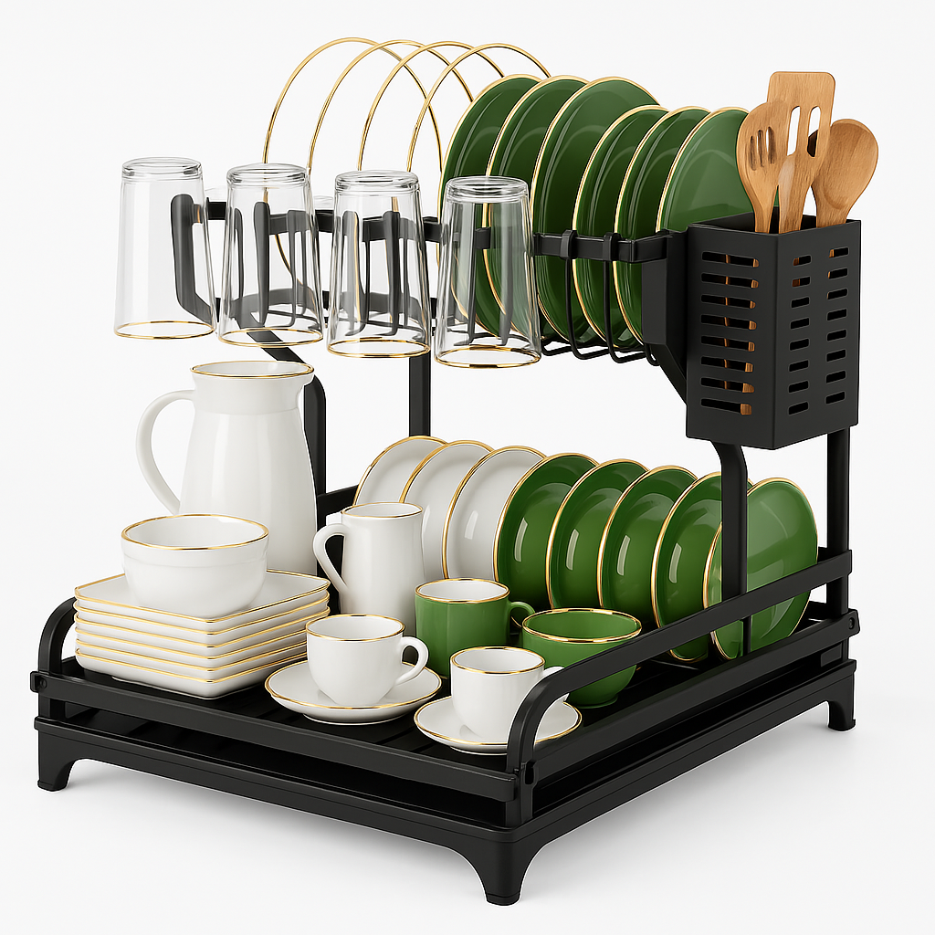 2-Stufiges Geschirrabtropfgestell Edelstahl mit Utensilienhalter – Kitchen Mania